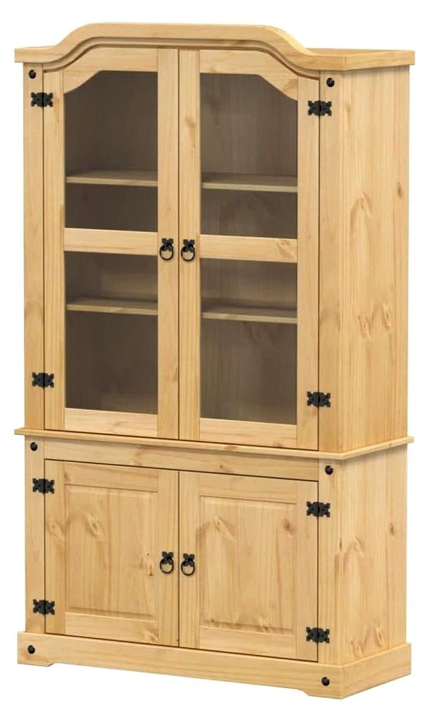 Vitrine, Vitrinenschrank mit Glastüren und Metallgriffen, Glasvitrine für das Wohnzimmer, Hochschrank für Bücher, Kiefer-Massivholz