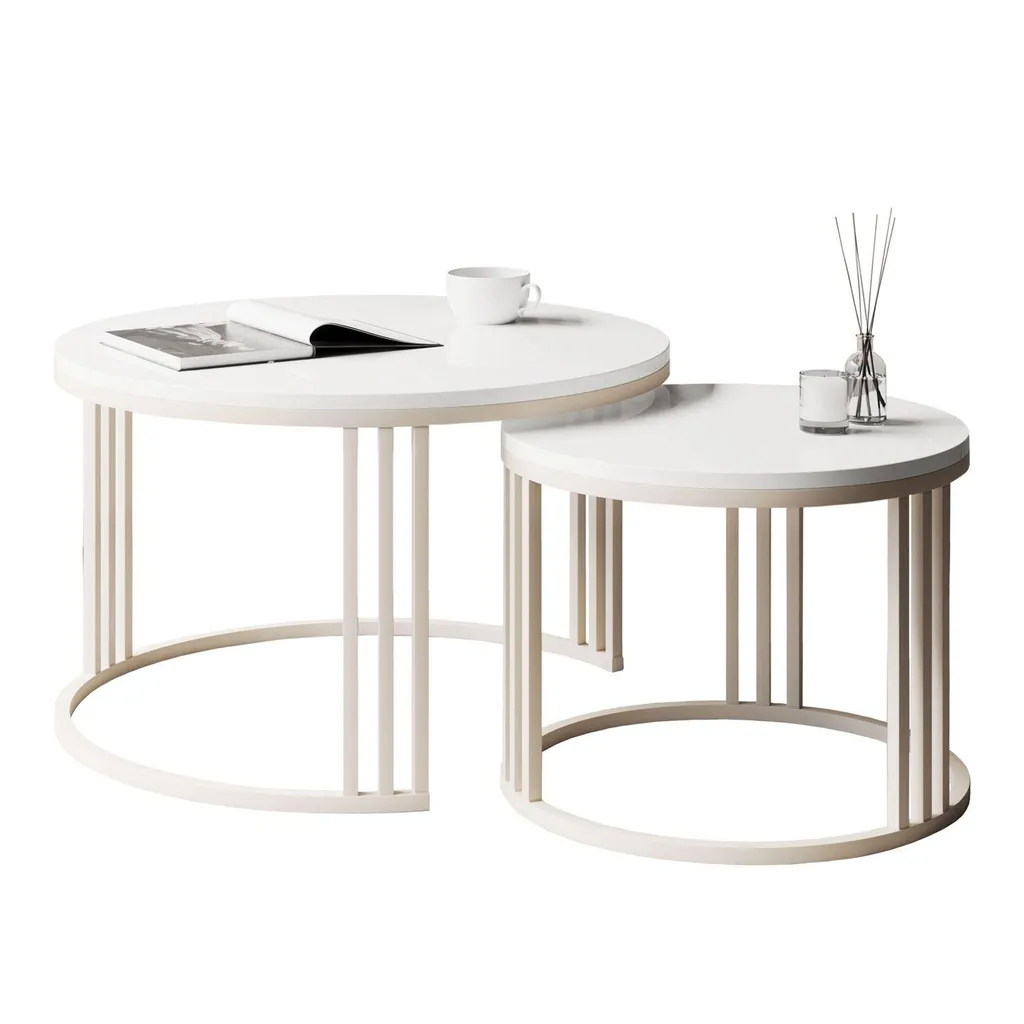 Table basse ronde cadre cachemire blanc set de 2 pièces design épuré