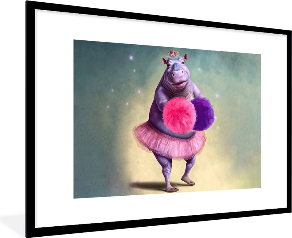 MuchoWow Gerahmtes Poster Nilpferd - Blumen - Ballerina - Pompons - Porträt 90x60 cm - Poster mit Schwarzem Bilderrahmen Wandposter Rahmen Foto ...