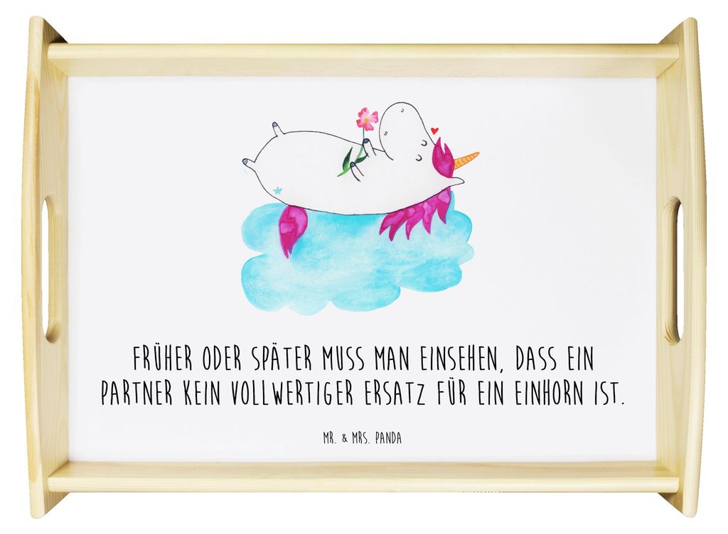 Mr. & Mrs. Panda Tablett Einhorn Verliebt - Weiß - Geschenk, Einhörner, Unicorn, Frühstückstablett, Kaffee, Snack, Servierplatte Holz, Freundin...