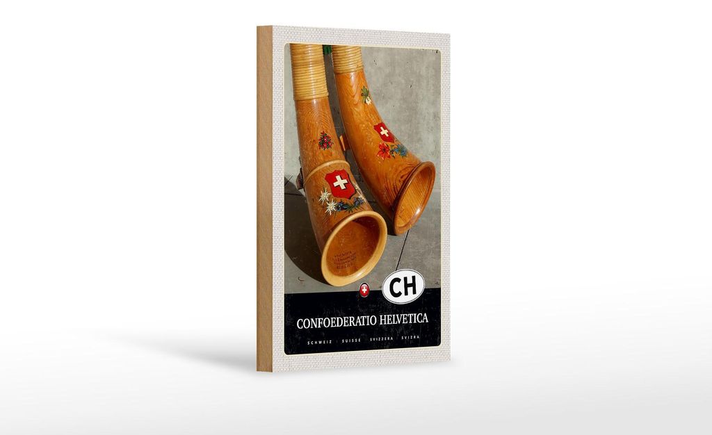 Holzschild Reise 12x18 cm Confoederatio Helvetica Alphorn Urlaub