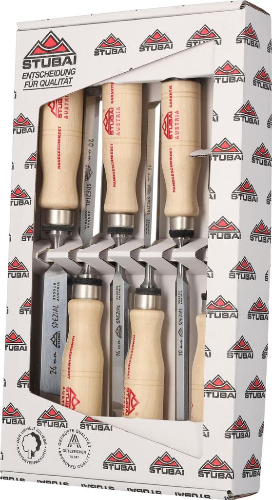 STUBAI 3531 Spezial Stemmeisensatz Stechbeitel Set mit Holzgriff aus Weißbuche, schwedische Form, 6-teiliges Set (6, 10, 13, 16, 20, 26 mm), Stemm...