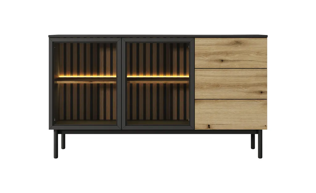 Buffet de salon LED 150 cm Chêne Clair et Noir style Industriel