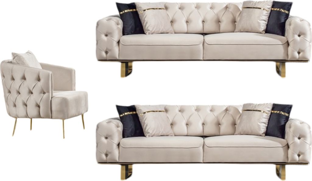 Villa Möbel Sofa Set Roma Beige Stellvariante:3+3+1 Relax- und Bettfunktion, pflegeleichter Mikrofaser Samtstoff