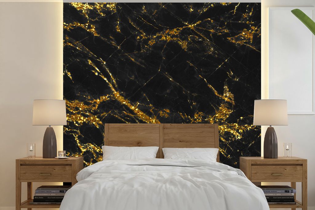 MuchoWow Fototapete für Wohnzimmer oder Schlafzimmer Wandtapete Vinyl Motivtapete Marmor - Gold - Schwarz - 280x280 cm - Hintergrundbild