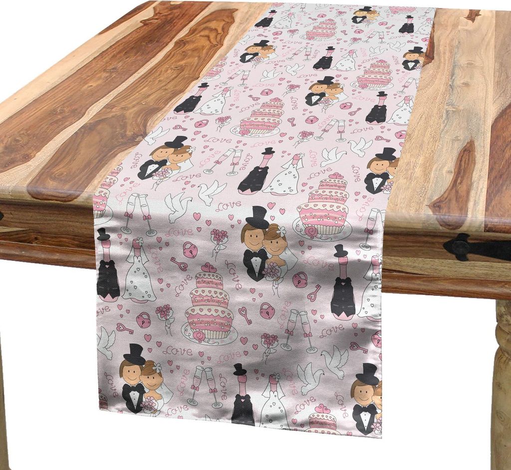 ABAKUHAUS Hochzeit Tischläufer, Hand gezeichnetes Muster von den Paaren, die verheiratete Feier-Kuchen-Blumen-Getränke heiraten, 40 x 180 cm, Sch...