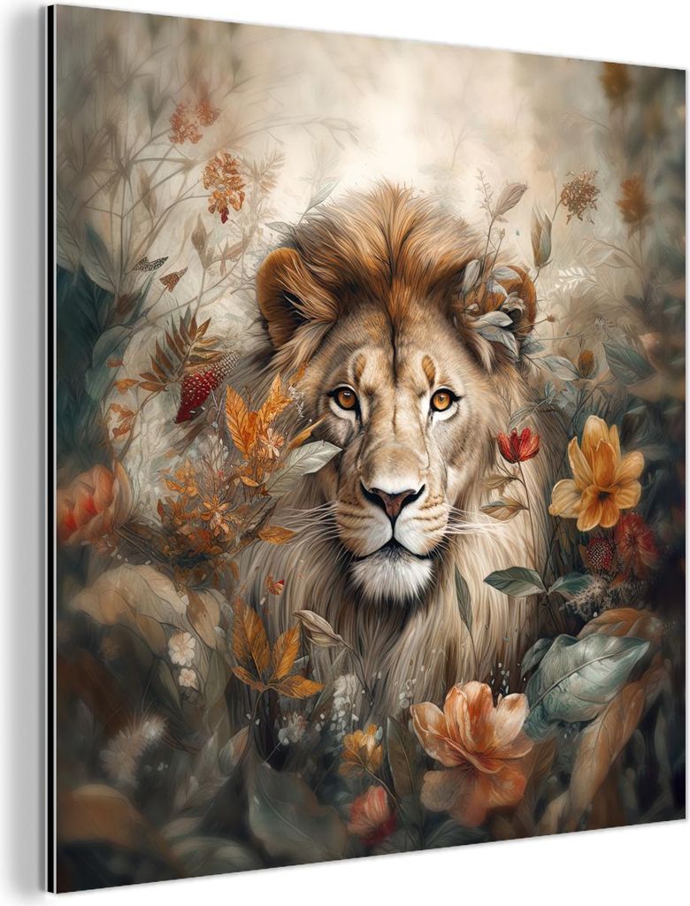 MuchoWow Wanddekoration Metall Metallbild Wandkunst 50x50 cm Löwe - Wildtiere - Pflanzen - Natur - Blumen MuchoWow Aluminium Gemälde - Alubild - ...