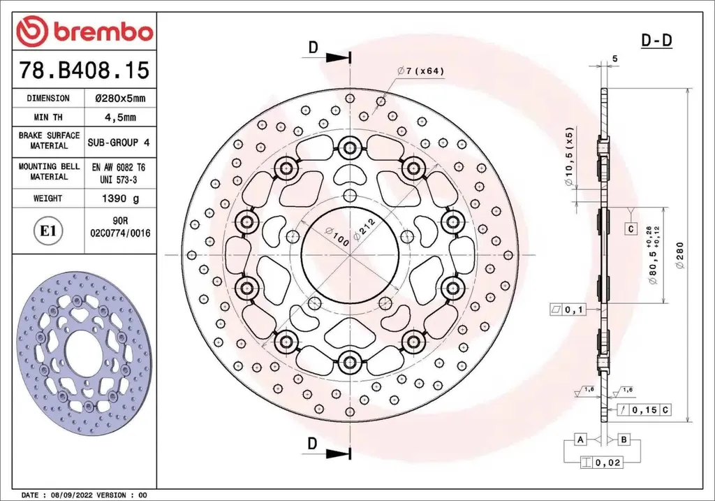 Brembo Série Or Disque de Frein Flottant 78B40815 280mm pour Kawasaki
