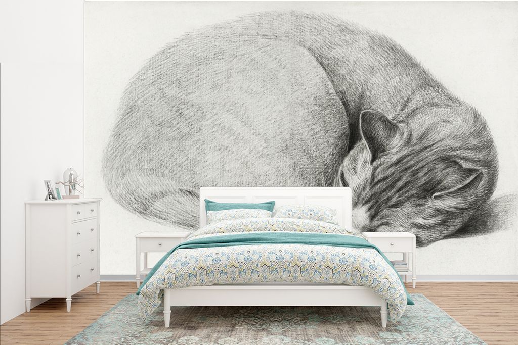 MuchoWow Fototapete für Wohnzimmer oder Schlafzimmer Wandtapete Vinyl Motivtapete Schlafende Katze im Liegen - Gemälde von Jean Bernard - 385x2...