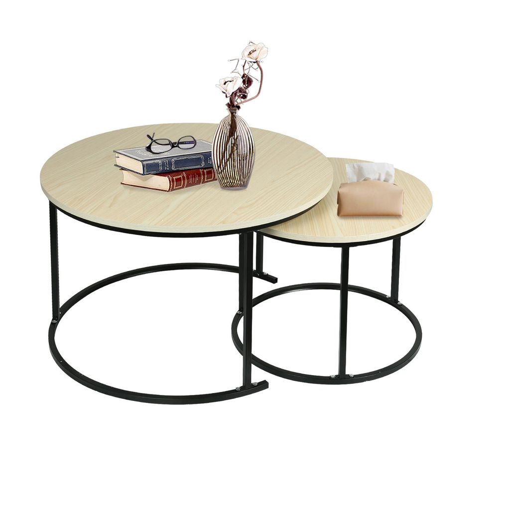 2er Set Couchtisch mit weiße Ahornfarbe und Metallrahmen Produktbild 