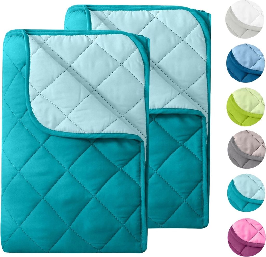 Two folded turquoise and light turquoise quilted blankets are shown side-by-side. A vertical strip of circular swatches of different colors is on the right side of the image.