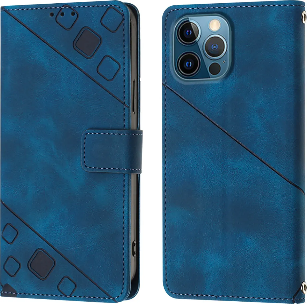 Custodia per iPhone 12 Pro Max in rilievo Custodia a portafoglio in pelle flip con funzione stand blu