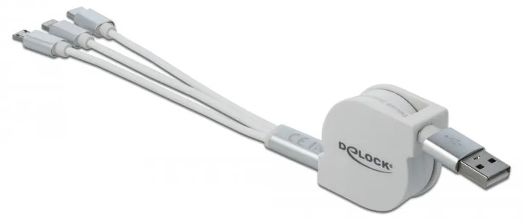 Câble de charge multiple 3 en 1 enroulable blanc avec port USB Type C - 10