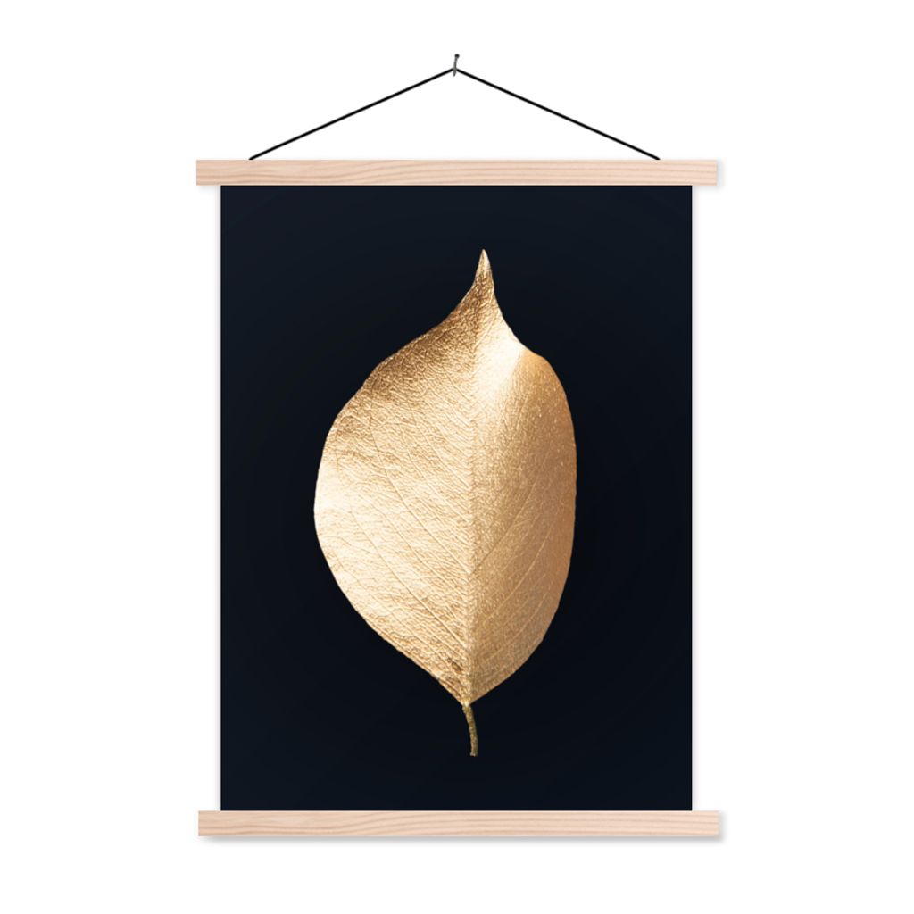 MuchoWow Textilposter Blätter - Gold - Schwarz - Pflanzen - Luxus 120x160 cm mit holzfarbenen Rahmen - Plakatkarton