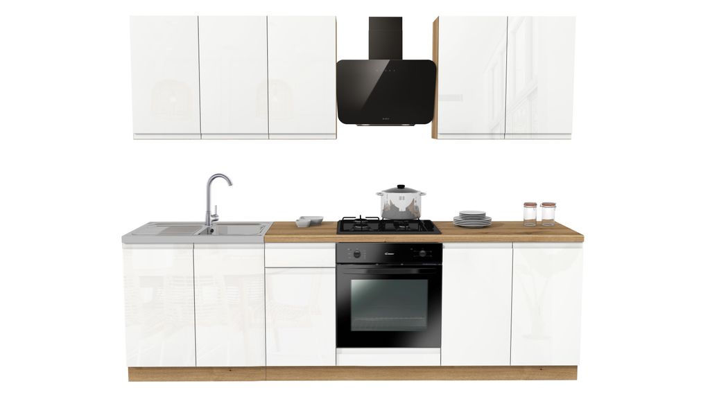 Küchenzeile 260 cm küche Küchenblock Einbauküche Mit Arbeitsplatte , SIMPLY Z13 - Weiß Hochglanz/Eiche