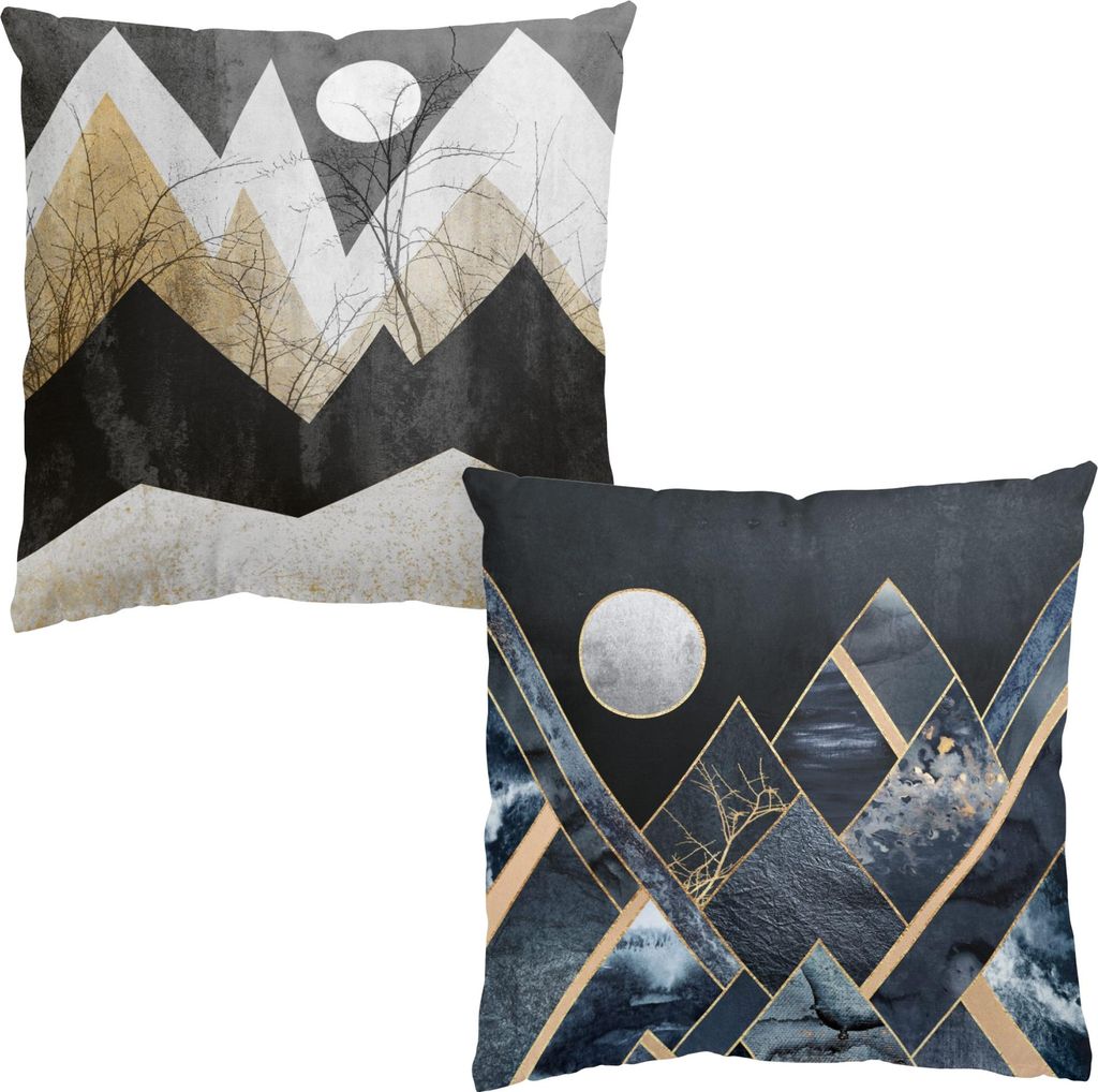 Dekokissen 2-teilig Muster draußen / Outdoor Zierkissen waschbar Geometrisch schwarz Abstrakt Sofakissen mit Füllung