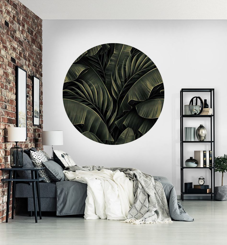 Fototapete blühende Blätter Dschungel rund, Material:Superior Vlies 350g/qm, Größe Tapete:195cm rund