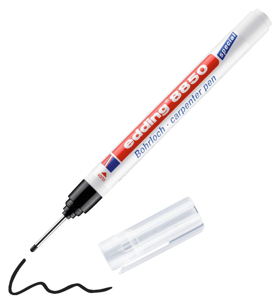 A carpenter's marker pen with its cap off, showing the tip and a black ink line on a white background.