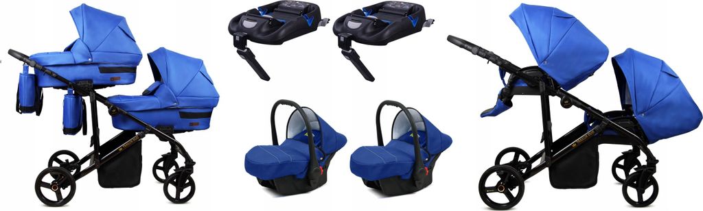 BabyLux DUO | 4in1 Kinderwagen Set | Sapphire | Geschwisterwagen Zwillingskinderwagen | Kinderwagenset | Isofix-Basisstation + Buggy + Babywanne ...