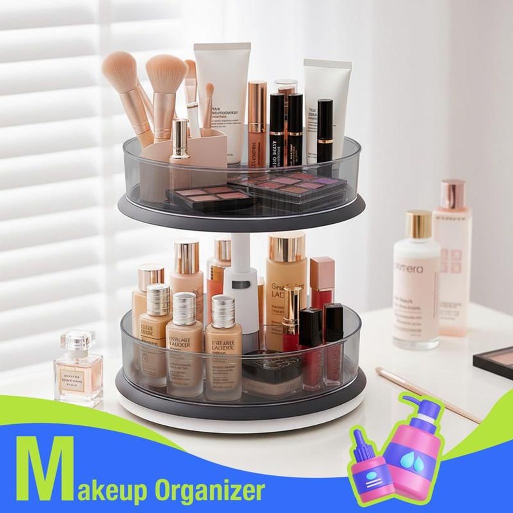 Lazy Susan Küchen Organizer 360°, höhenverstellbares Drehregal mit 2 Ebenen & Anti-Rutsch Boden für Gewürze & Kosmetik