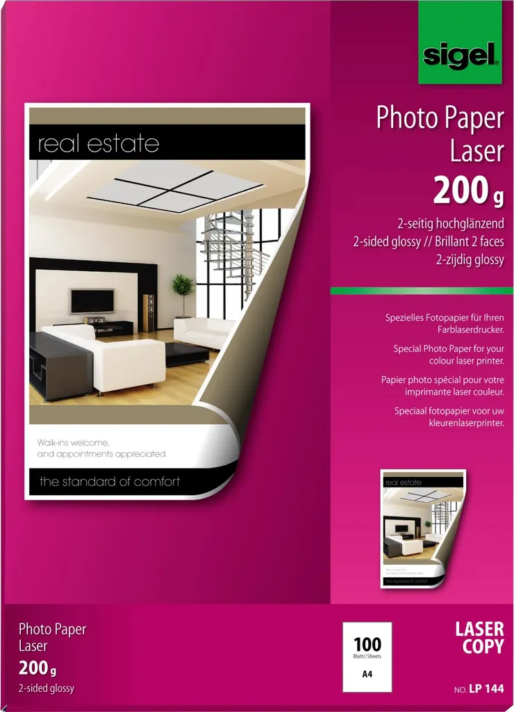 Sigel LP144 Carta Fotografica A4 200g/m² Lucida per Laser 100 Fogli