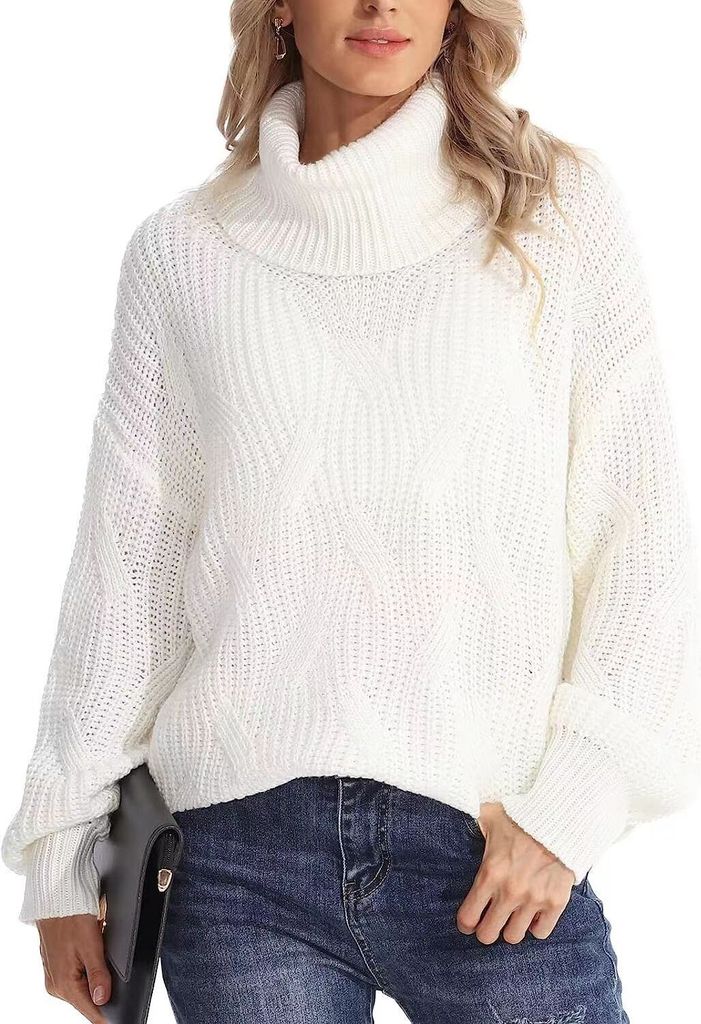 ASKSA Damen Rollkragen Pullover Elegant Rollkragenpullover Casual Langarm Stricken Pulli, Weiss, XL