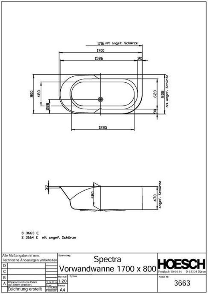 Hoesch Spectra Vorwandbadewanne 1700 x 800 mm weiß - 3663.010