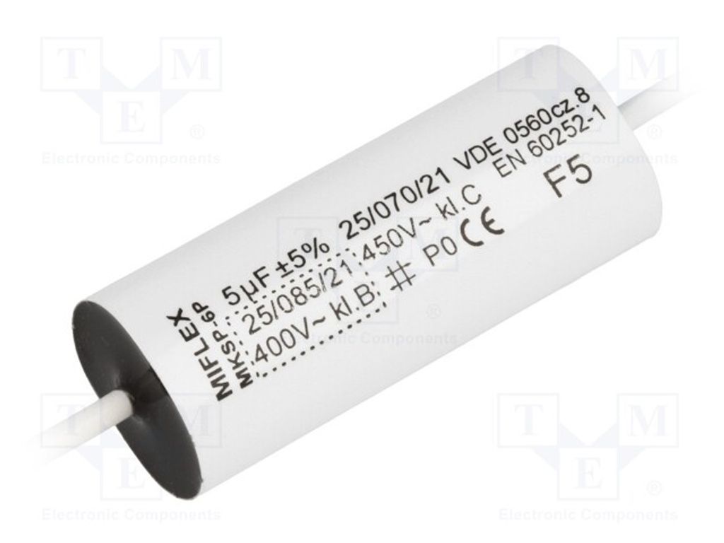 1x Kondensator: für Motoren, Betrieb Ø16,5x47mm 5uF 450VAC 5% P-6P 5UF 450V B Ko