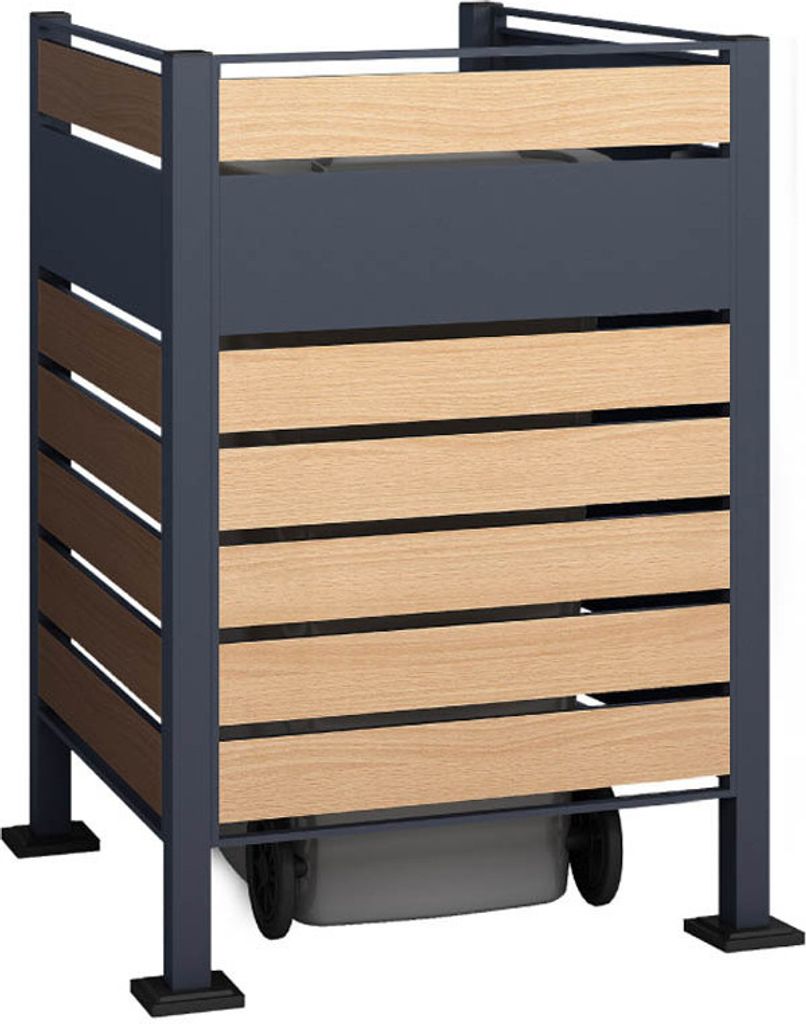A product shot of a trash bin enclosure with a wood-look finish and dark gray metal frame, shown on a white background.