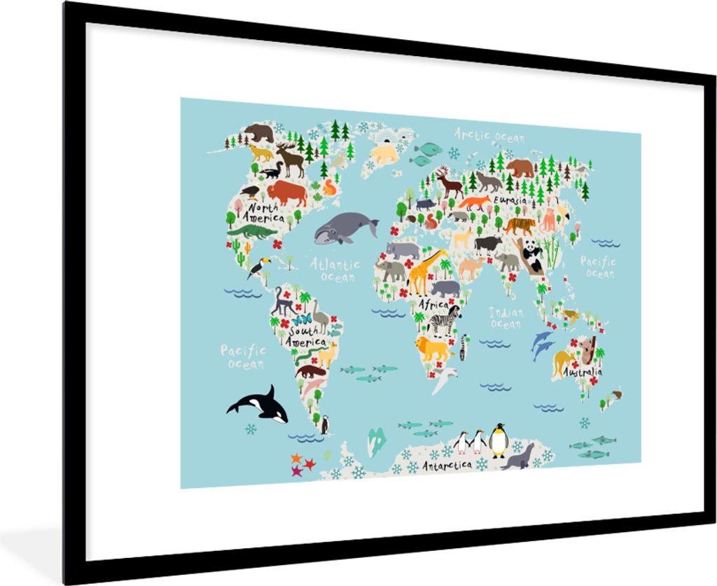 MuchoWow Gerahmtes Poster Weltkarte - Kinder - Tiere - Blau - Orca - Wal 90x60 cm - Poster mit Schwarzem Bilderrahmen Wandposter Rahmen Foto Bild...