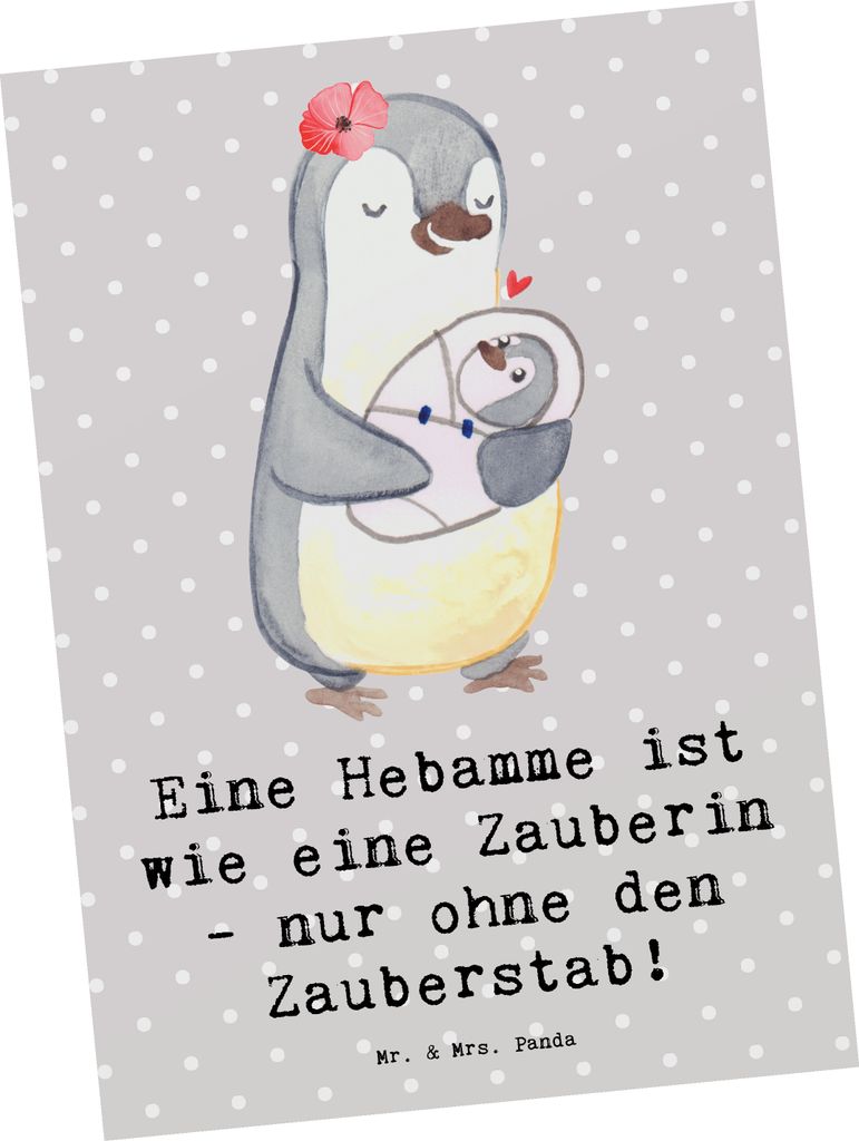 Mr. & Mrs. Panda Postkarte Hebamme Magie - Grau Pastell - Geschenk, Postkarten, Flexibilität, Geschenke mit Herz, Dankbarkeit, Ansichtskarte, bild...