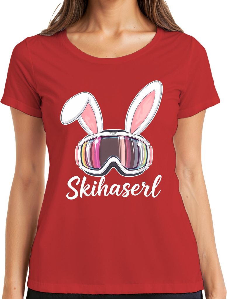 Skihaserl Skifahren Skibrille Bunny Lustig Fasching Karneval Damen T-Shirt, Rot, XL