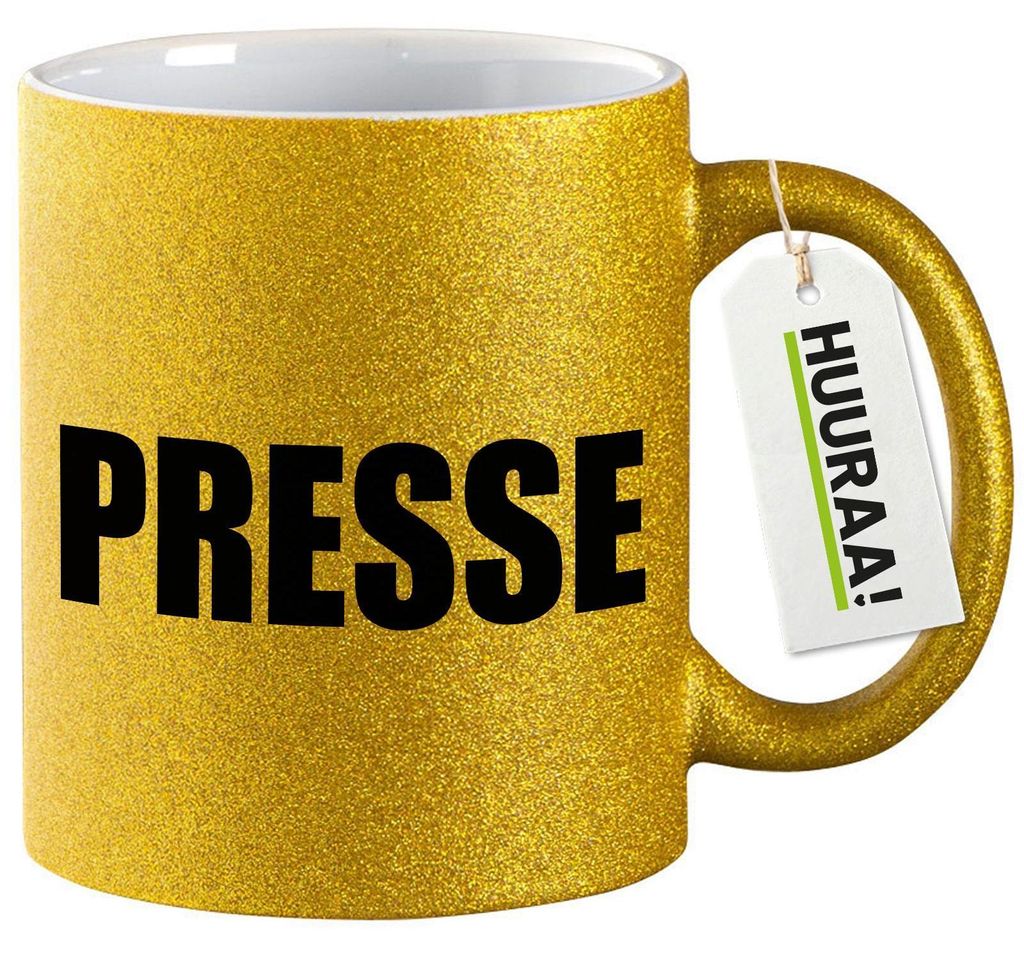Huuraa Glitzertasse Presse Schriftzug 330ml Gold Keramik Kaffeebecher Geschenkidee