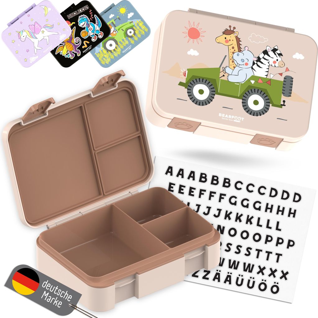 Brotdose Kinder mit Fächern, BPA frei, Lunchbox, Bento box, Brotbox, Brotdose Mädchen & Jungen, Snackbox mit Trennfächern, Vesperbox - Safari br...
