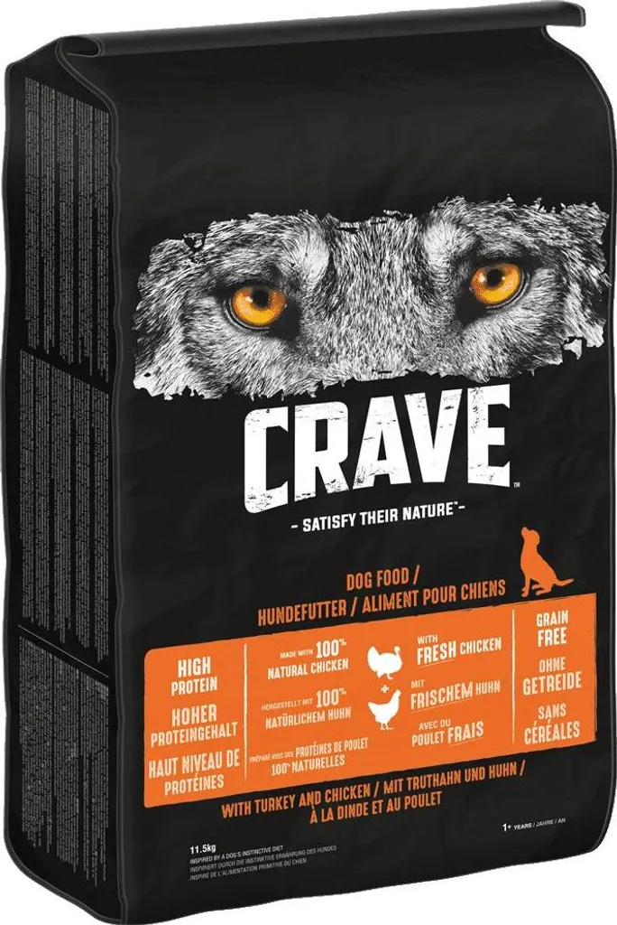 Croquettes Haute Protéine pour Chien Crave Dinde et Poulet en 11,5kg