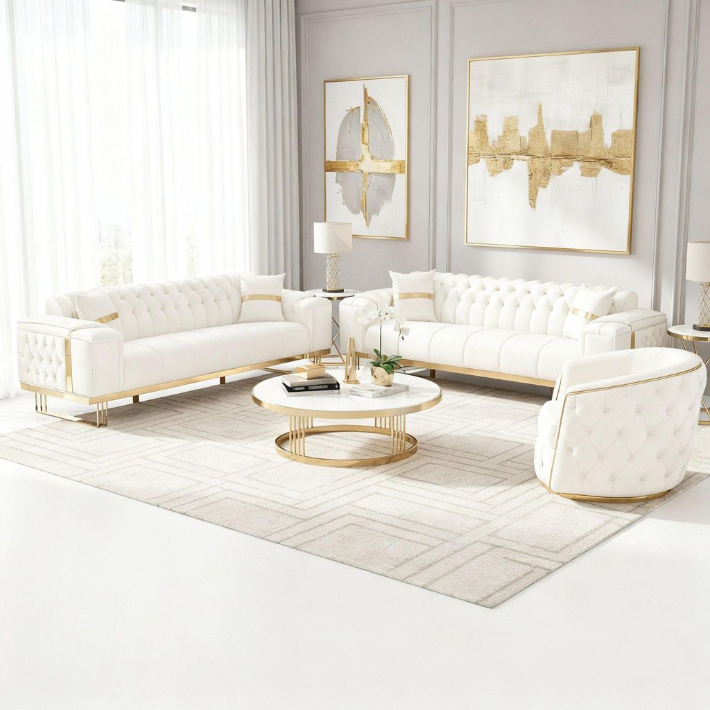 Sofa -Set Imperial Premium, 6 Farben verfügbar 3-Sitzer + 2-Sitzer + Sessel (3-Sitzer mit Schlaf-funktion) Farbe: Weiß