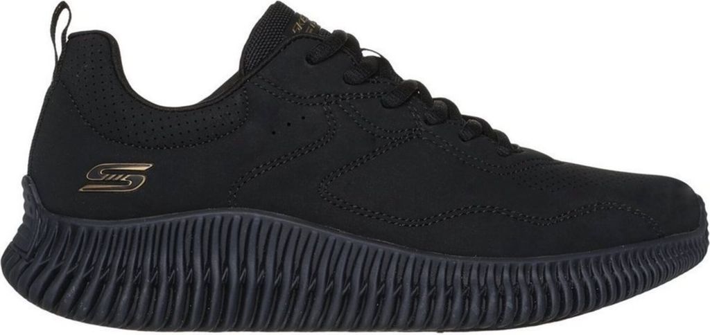 A black Skechers Bobs Geo How Marvelous women's sneaker is shown from the side against a white background.