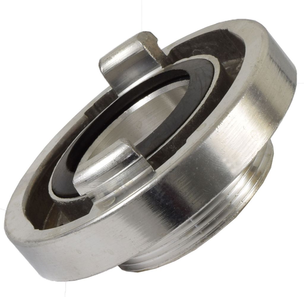 A close-up, isolated shot of a metal coupling with a black rubber seal.