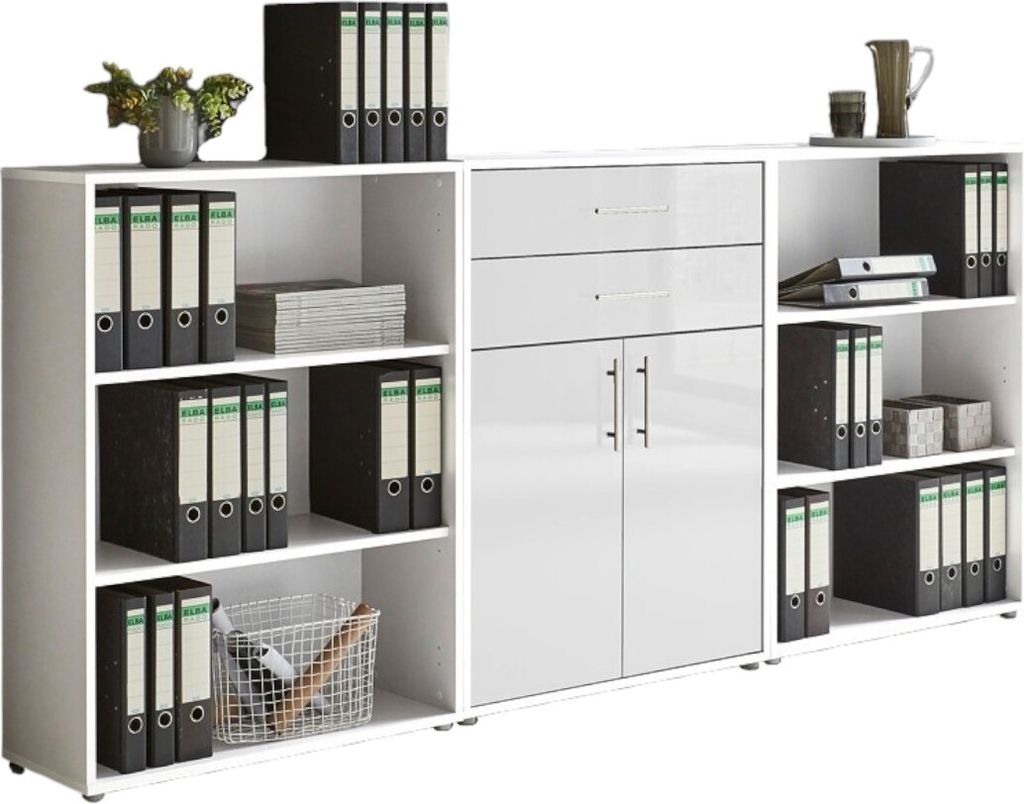 Aktenschrank TABOR 14 in weiß / weiß Hochglanz, Schrankwand, Büroschrank, Metallgriffe