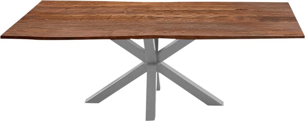 Esszimmertisch 300x100cm Quincy, echte Baumkante, Akazienholz nussbaumfarben, massiver Baumkantentisch mit Spider-Gestell Silber