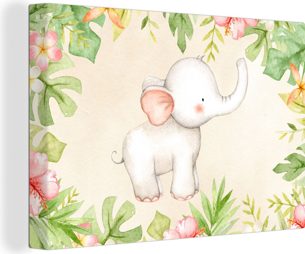 OneMillionCanvasses - Leinwandbilder - 150x100 cm, Elefant - Blumen - Pflanzen - Dschungel, Wandbilder Kunstdruck Wanddekoration