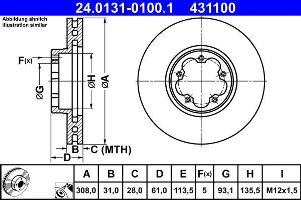 Disque de frein utilitaire pour Ford Transit ATE 24.0131-0100.1