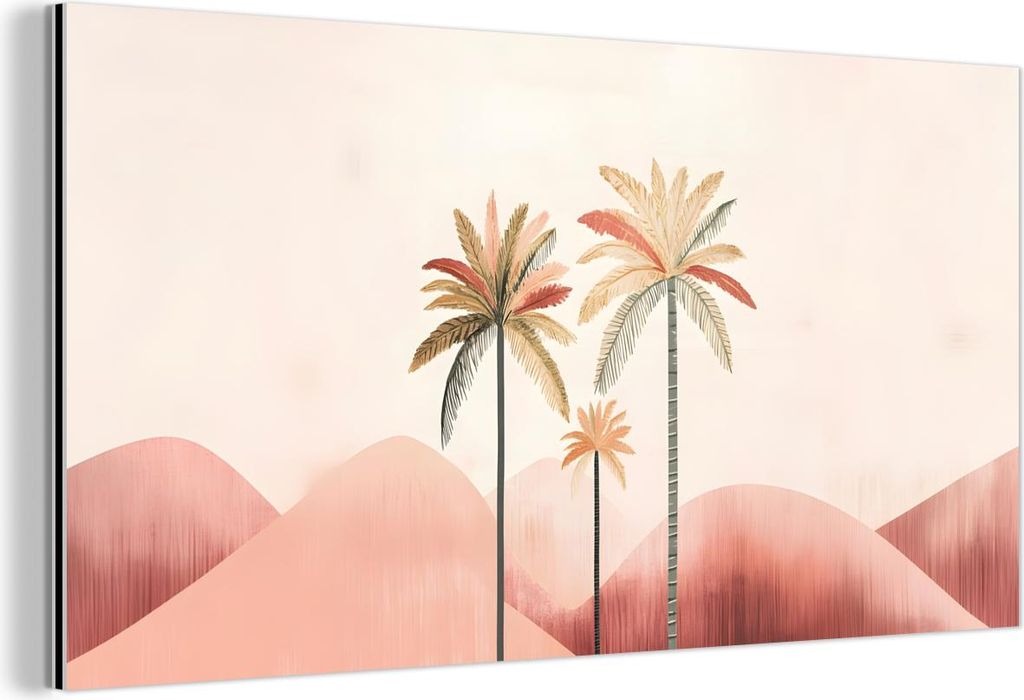 MuchoWow Wanddekoration Metall Metallbild Wandkunst 80x40 cm Palmen - Hügel - Minimalistisch - Zartrosa MuchoWow Aluminium Gemälde - Wanddekorati...
