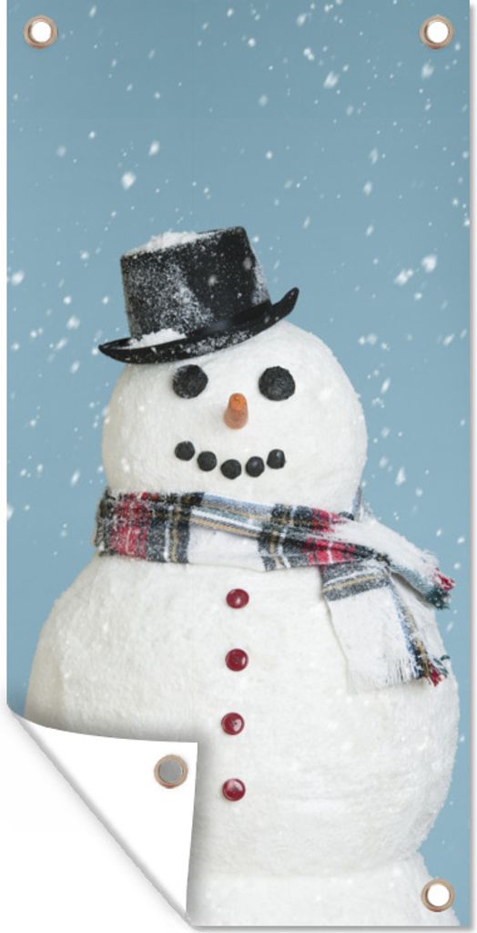 MuchoWow 40x80 cm Outdoor-Poster Gartendeko Sichtschutz Garten Poster für den Garten Ein glücklicher Schneemann zu Weihnachten mit einem hellbl...