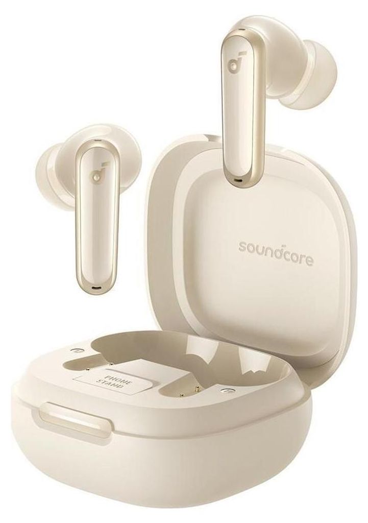 A pair of white wireless earbuds and their charging case are displayed against a white background.