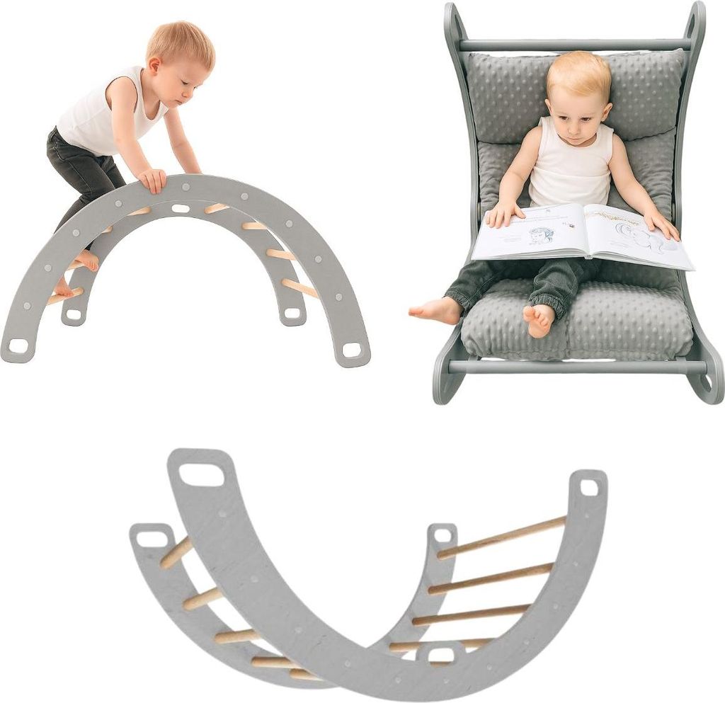 Kletterbogen Holz Schaukel Grau | Kletter Dreieck für Kinder | Montessori Spielzeug | Rockerboard Spielmöbel