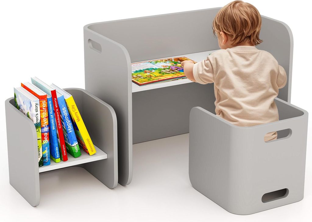 GOPLUS Kindersitzgruppe aus Birkenholz, Multifunktionsmöbel inkl. 1 Tisch und 2 Stühle für Kinder, Keine scharfen Ecken, platzsparend, Grau