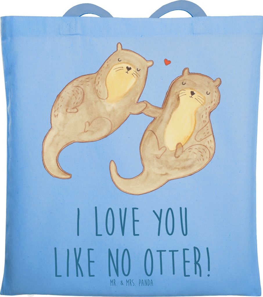 Mr. & Mrs. Panda Einkaufstasche Otter Hände halten - Sky Blue - Geschenk, Jutebeutel, glücklich, Seeotter, Shopping Tasche, Liebe, Paar, Tote Bag...