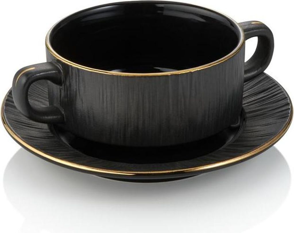 4x Suppentasse mit Untertasse Set MAYA KURO, Ø 10,5 cm, 250 ml, schwarz, Porzellan