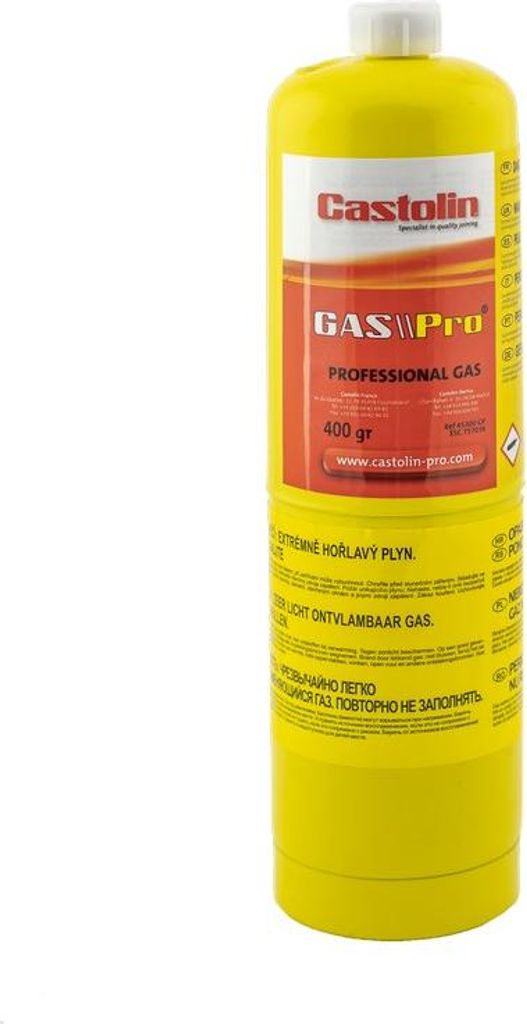 A yellow gas canister with red and white labeling.